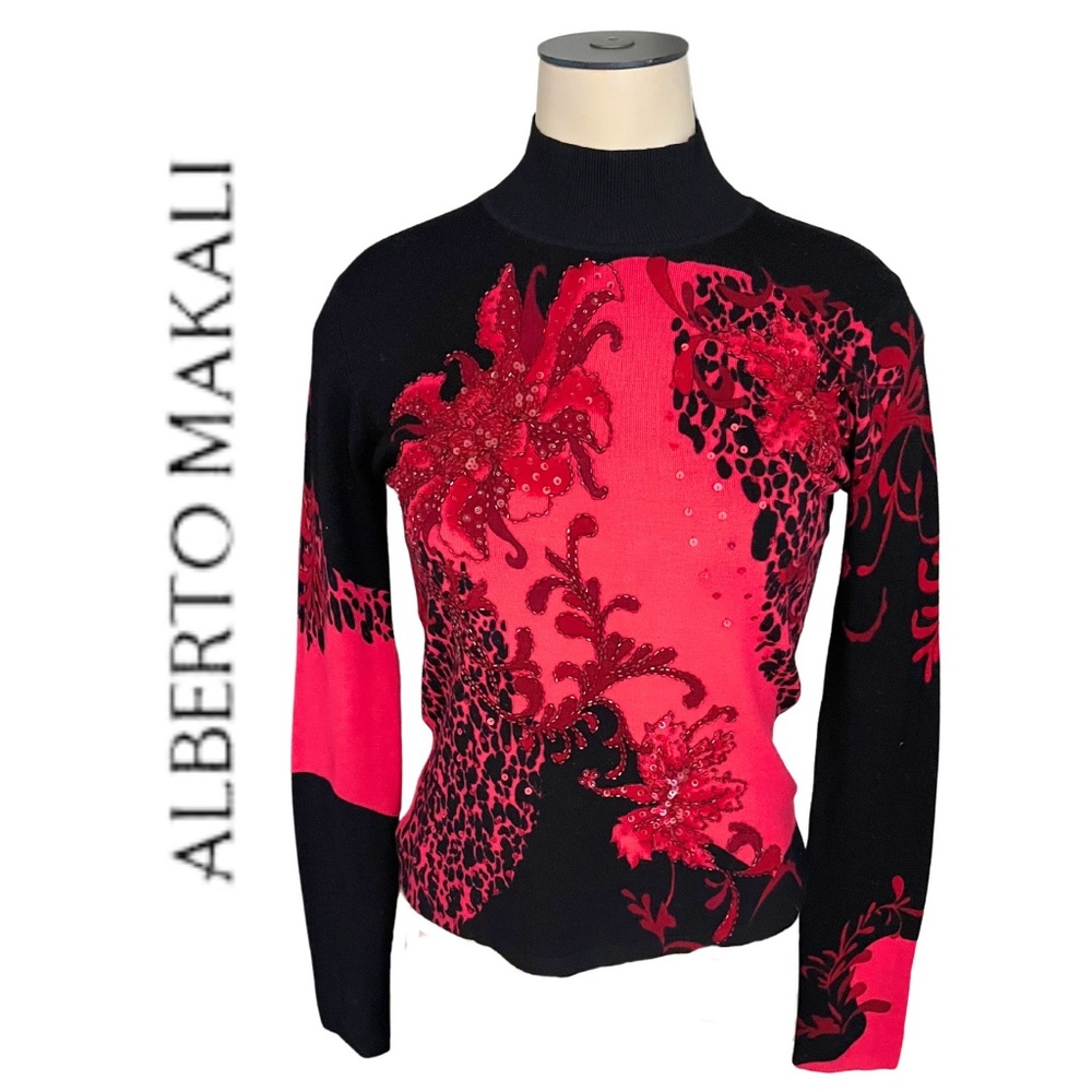 EUC 90s 00s Alberto Makali Misses' Black Fuchsia Sequin Sweater // Size M